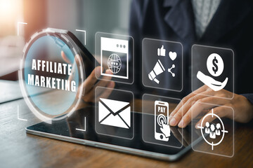 Visual representation of affiliate marketing with digital icons on a tablet, highlighting online business strategies.