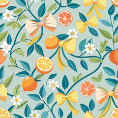  Seamless pattern of citrus fruits, green leaves, and decorative bows on a light blue background.
