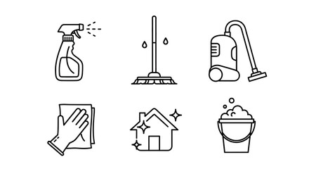 Collection of simple line art icons representing household cleaning tools and supplies.
