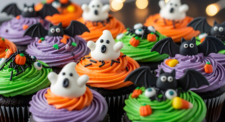 Fototapeta premium Halloween Cupcakes with Ghosts and Bats