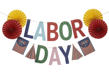 A festive Labor Day banner featuring colorful letters, red and yellow paper fans, and patriotic flag pennants, perfect for holiday celebrations. background removed