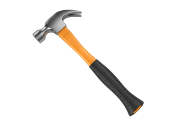 A modern claw hammer features a metallic head, a vibrant orange shaft, and a textured black grip, angled on a solid background. background removed
