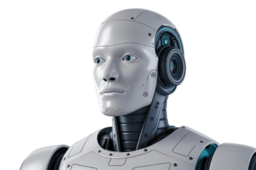 Advanced humanoid robot with white metallic body, intricate mechanics, and striking blue eyes, symbolizing artificial intelligence and future technology. background removed