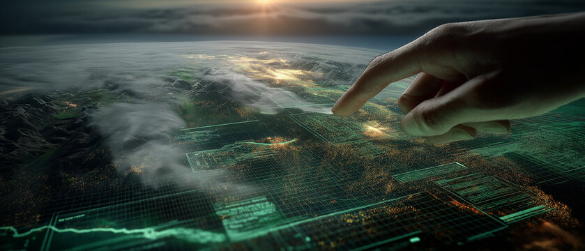 Executive touches futuristic green technology interface for sustainable energy solutions