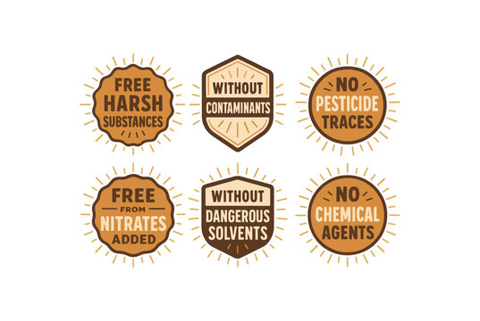 Free harsh substances without contaminants no pesticide traces free nitrates without dangerous solvents no chemical agents label badge set. Natural product concept. Flat vector illustration.