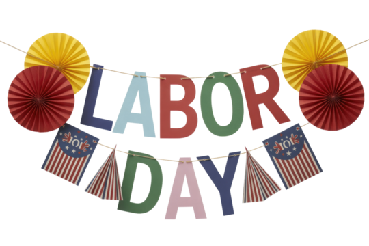 A festive Labor Day banner featuring colorful letters, red and yellow paper fans, and patriotic flag pennants, perfect for holiday celebrations. background removed