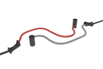 A red and a grey insulated electrical wire, each with black connectors or ferrules, displayed against a solid transparent background. background removed