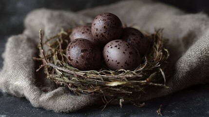 A nest with small speckled brown eggs rests on burlap against a dark moody background