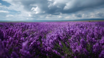 Obraz premium A vast field of blooming purple lavender stretches towards the horizon under a dramatic cloudy sky