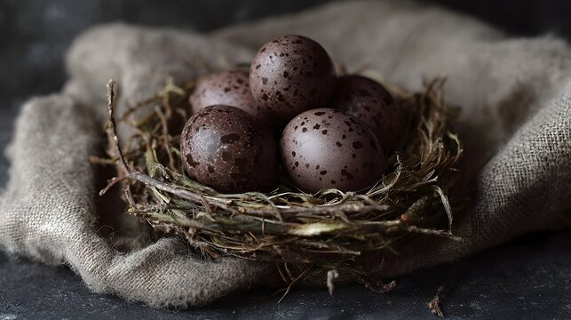 A nest with small speckled brown eggs rests on burlap against a dark moody background
