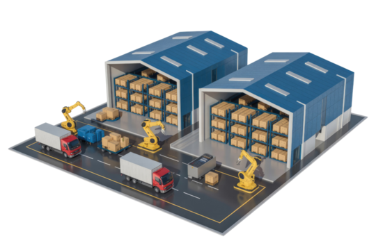 Modern automated warehouse complex with robotic arms and trucks handling efficient logistics, storage, and transportation of goods. background removed