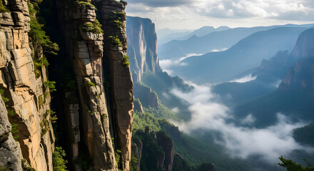 Breathtaking view of zhangjiajie national forest park with mist and mountains