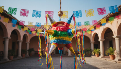 Colorful pi&ntilde;ata hanging in courtyard decorated for festive celebration