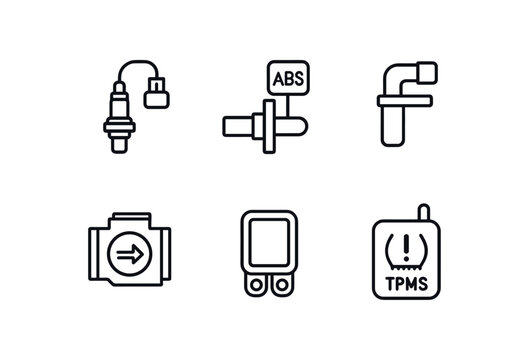 Car repair parts icon set. Spark plug, ABS sensor, pipe fitting, OBD scanner, TPMS symbols. Outline vector illustration.