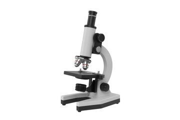 A detailed 3D rendering of a white and black compound microscope, featuring multiple objective lenses and focus knobs, essential for scientific research and education. background removed