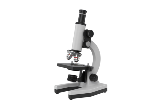 A detailed 3D rendering of a white and black compound microscope, featuring multiple objective lenses and focus knobs, essential for scientific research and education. background removed