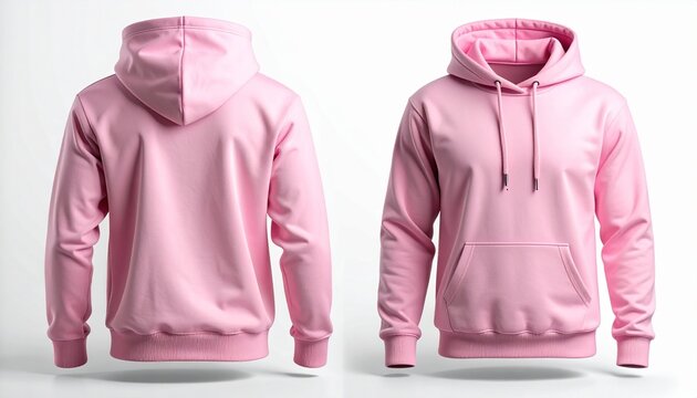 Una sudadera con capucha rosa sencilla que se muestra desde las vistas frontal y posterior, aislada sobre un fondo blanco, ideal para exhibir el dise&ntilde;o de prendas y la maqueta de la marca. 