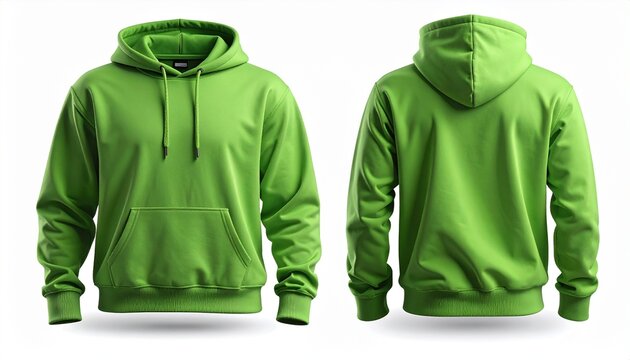Una sudadera con capucha verde sencilla que se muestra desde las vistas frontal y posterior, aislada sobre un fondo blanco, ideal para exhibir el dise&ntilde;o de prendas y la maqueta de la marca. 