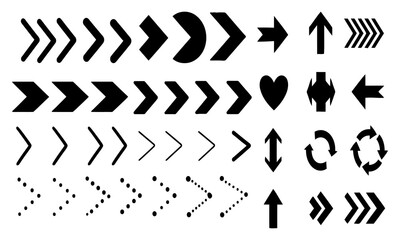 Diverse collection of black arrow vector icons on a white background
