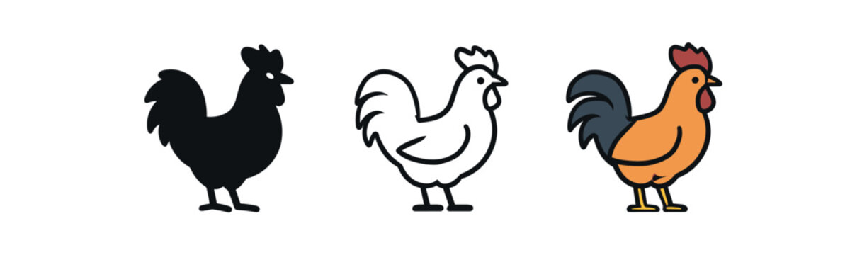 rooster farm bird icon on white background Black silhouette flat icon outline icon and colored icon style. three minimal vector icon style