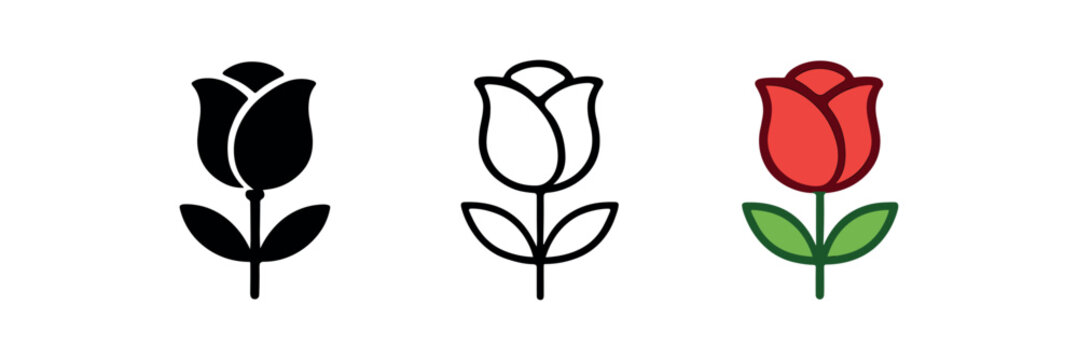 rose flower bloom icon on white background Black silhouette flat icon outline icon and colored icon style. three minimal vector icon style
