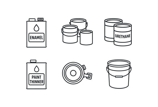 Paint and coating materials icon set. Enamel, urethane, paint thinner, roller, bucket symbols. Outline vector illustration.