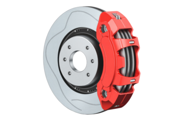 A detailed 3D render of a modern automotive disc brake system featuring a silver rotor and a striking red caliper. Essential car part. background removed