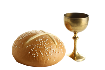 This image features a golden chalice alongside a round sesame seed bread roll, evoking themes of sacrament and tradition. background removed