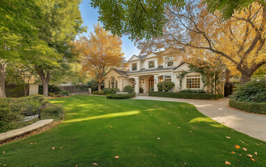 Obraz premium Prestigious autumn estate mansion facade lush green lawn leafy trees grand entrance