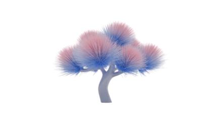 A surreal, fluffy tree featuring vibrant pink and blue spiky foliage with a smooth grey trunk, set against a transparent background. background removed