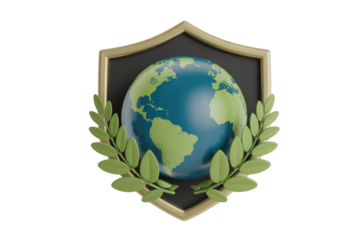 A 3D rendering of a vibrant globe adorned with laurel wreaths, set within a golden shield. Symbolizing global protection, environmental awareness, and sustainability. background removed