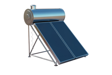 3D render of a solar water heater, featuring a horizontal tank and two flat-plate collectors on an angled metal frame. background removed