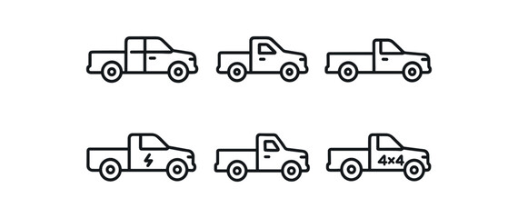 simple outline stroke icon isolated on white background extended cab truck compact utility pickup long bed work truck hybrid powertrain pickup single cab commercial four wheel drive truck