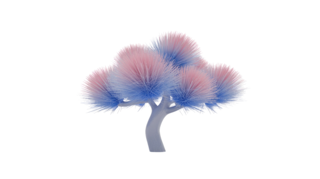 A surreal, fluffy tree featuring vibrant pink and blue spiky foliage with a smooth grey trunk, set against a transparent background. background removed