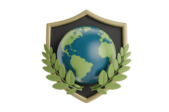 A 3D rendering of a vibrant globe adorned with laurel wreaths, set within a golden shield. Symbolizing global protection, environmental awareness, and sustainability. background removed