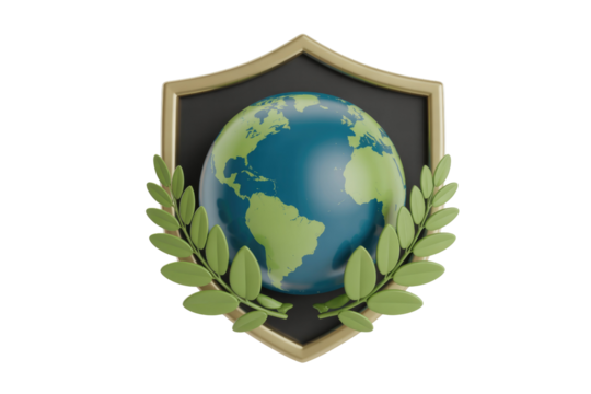 A 3D rendering of a vibrant globe adorned with laurel wreaths, set within a golden shield. Symbolizing global protection, environmental awareness, and sustainability. background removed