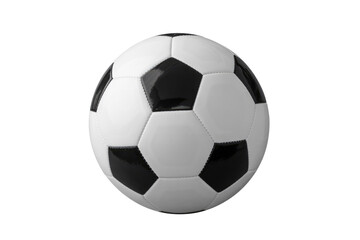A classic black and white soccer ball, perfectly centered, ready for a game, isolated against a solid dark transparent background. background removed