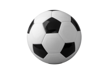 A classic black and white soccer ball, perfectly centered, ready for a game, isolated against a solid dark transparent background. background removed