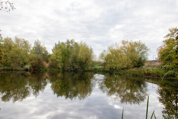 Autumn color over a pond with mirror reflection on water.