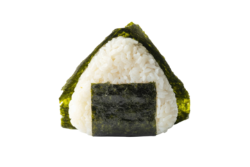 A traditional Japanese onigiri, a triangular rice ball made from white rice, partially wrapped with dark green nori seaweed. background removed