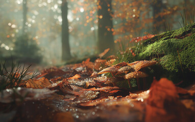 Misty autumn forest floor macro perspective with fallen leaves and soft sunlight