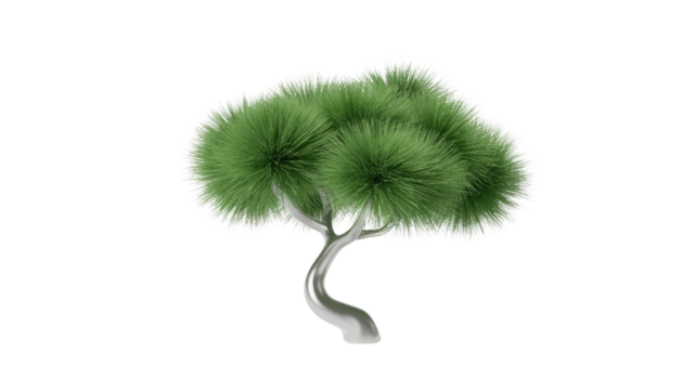 Stylized 3D render of a vibrant green tree with fluffy, white-tipped foliage and a smooth, silver, curved trunk on a solid background. background removed