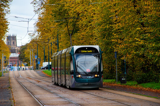 Autumn trees along the Tram track in Nottingham, UK.