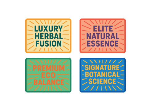 colorful label set with bold modern typography and starburst rays flat vector illustration style isolated on white background effects containing phrases like Luxury Herbal Fusion Elite