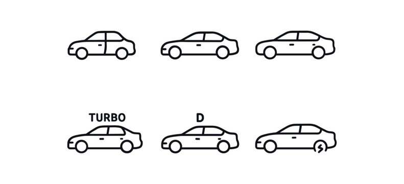 Car body type outline icon set. Sedan, hatchback, SUV, coupe, convertible silhouettes. Line vector illustration.