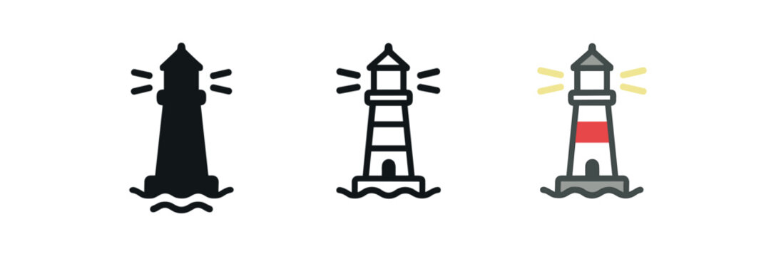 lighthouse coastal tower icon on white background Black silhouette flat icon outline icon and colored icon style. three minimal vector icon style