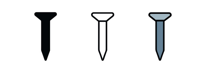 nail iron pin icon on white background Black silhouette flat icon outline icon and colored icon style. three minimal vector icon style