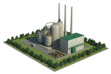 An isometric 3D render of an industrial plant featuring storage tanks, smokestacks, a factory building, vehicle, and barrels, surrounded by green landscape. background removed