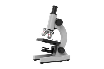 A detailed view of a modern compound microscope with multiple objective lenses and focus controls, ready for scientific observation or laboratory use. background removed