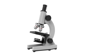 A detailed view of a modern compound microscope with multiple objective lenses and focus controls, ready for scientific observation or laboratory use. background removed